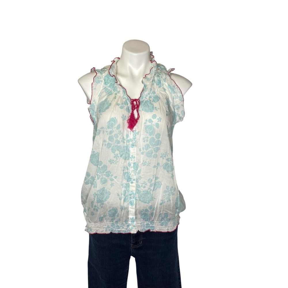 3/$20 STETSON Floral Sleeveless Top Tie Front Button Semi Sheer Blue White Large